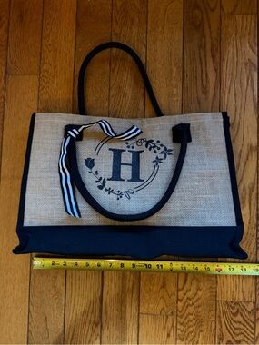 Initial H Monogram Jute Tote Bag - Black Trim